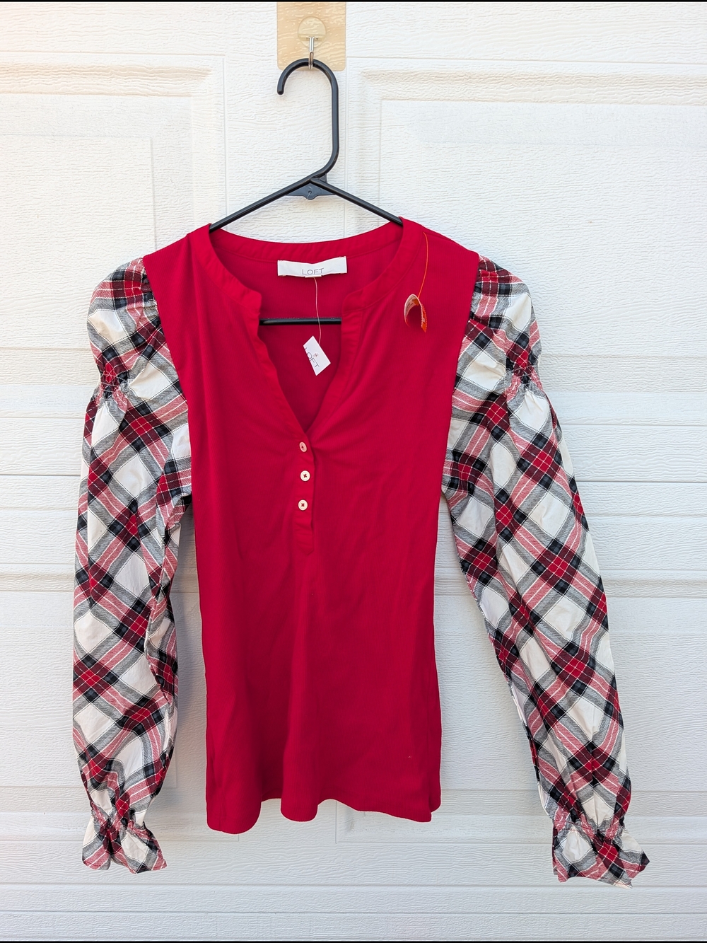 LOFT Red Henley with Red-Black White Plaid Puff Sleeves